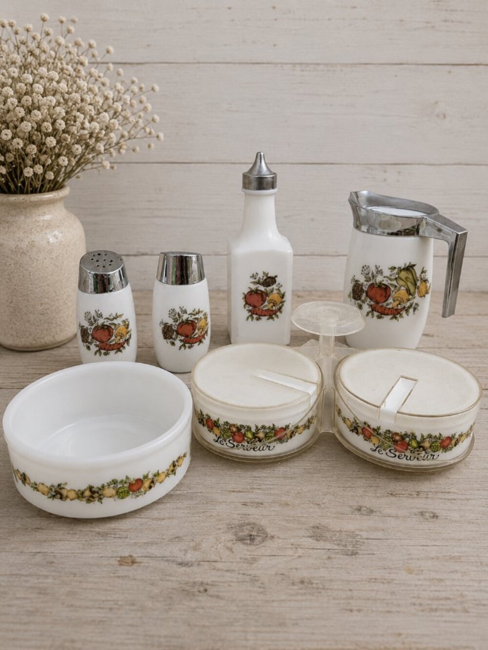 SPICE OF LIFE | Vintage Rotating Condiment Set, Vinegar, Salt & Pepper, Creamer